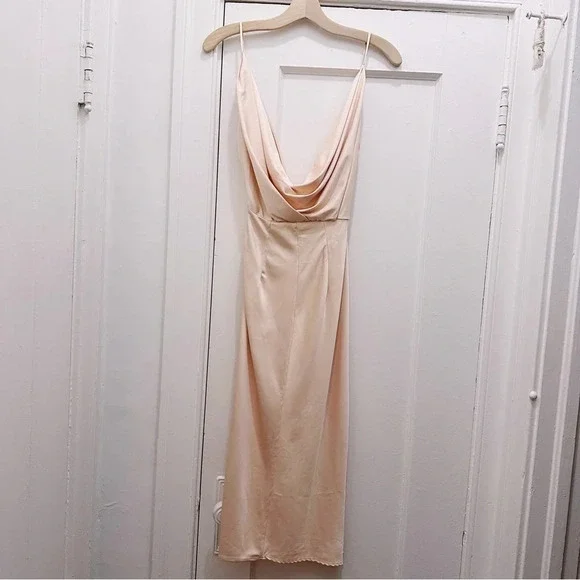 House Of CB Coco Beige Nude Satin Drape Back Dress Cowl Wrap Midi - Picture 5 of 7